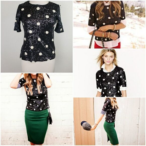 J. CREW black and cream polka dot sequined top - Picture 1 of 7